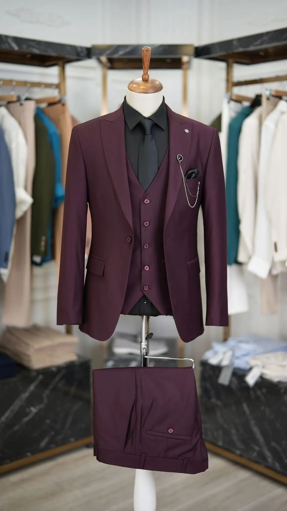 Paul Burgundy Slim Fit 3 Piece Peak Lapel Suit brabion