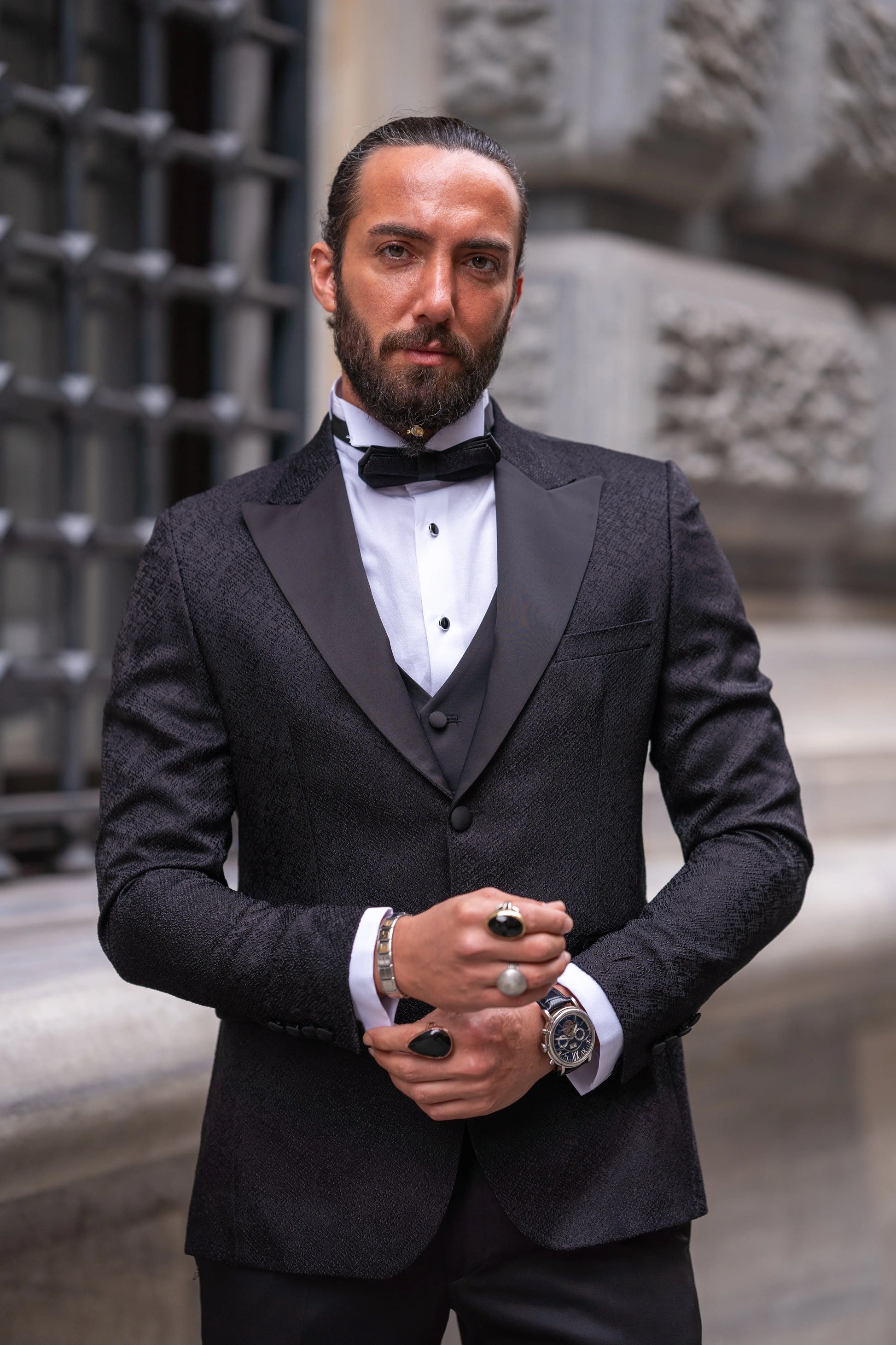 Brabion Massimo Black Slim Fit Peak Lapel Patterned Tuxedo - BRABION