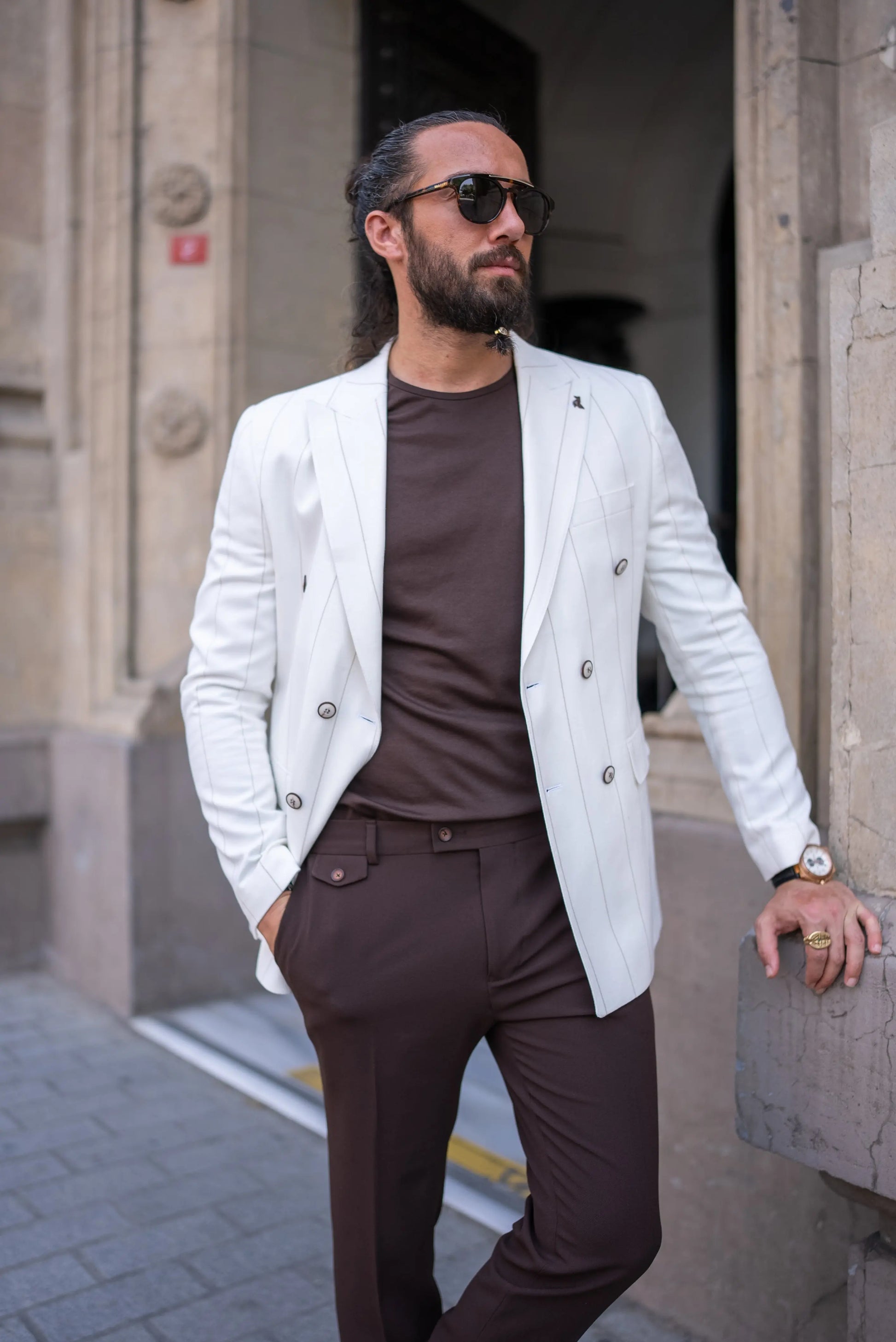 Brabion Noah White Slim Fit Double Breasted Striped Blazer - BRABION