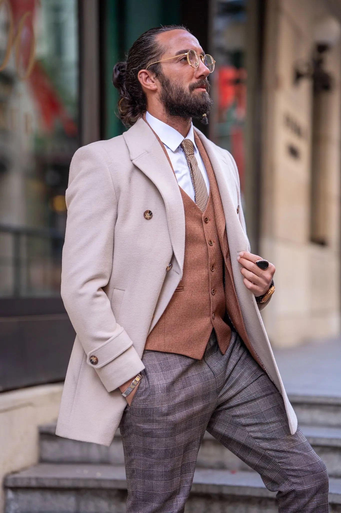 Brabion Beige Slim Fit Long Coat - BRABION