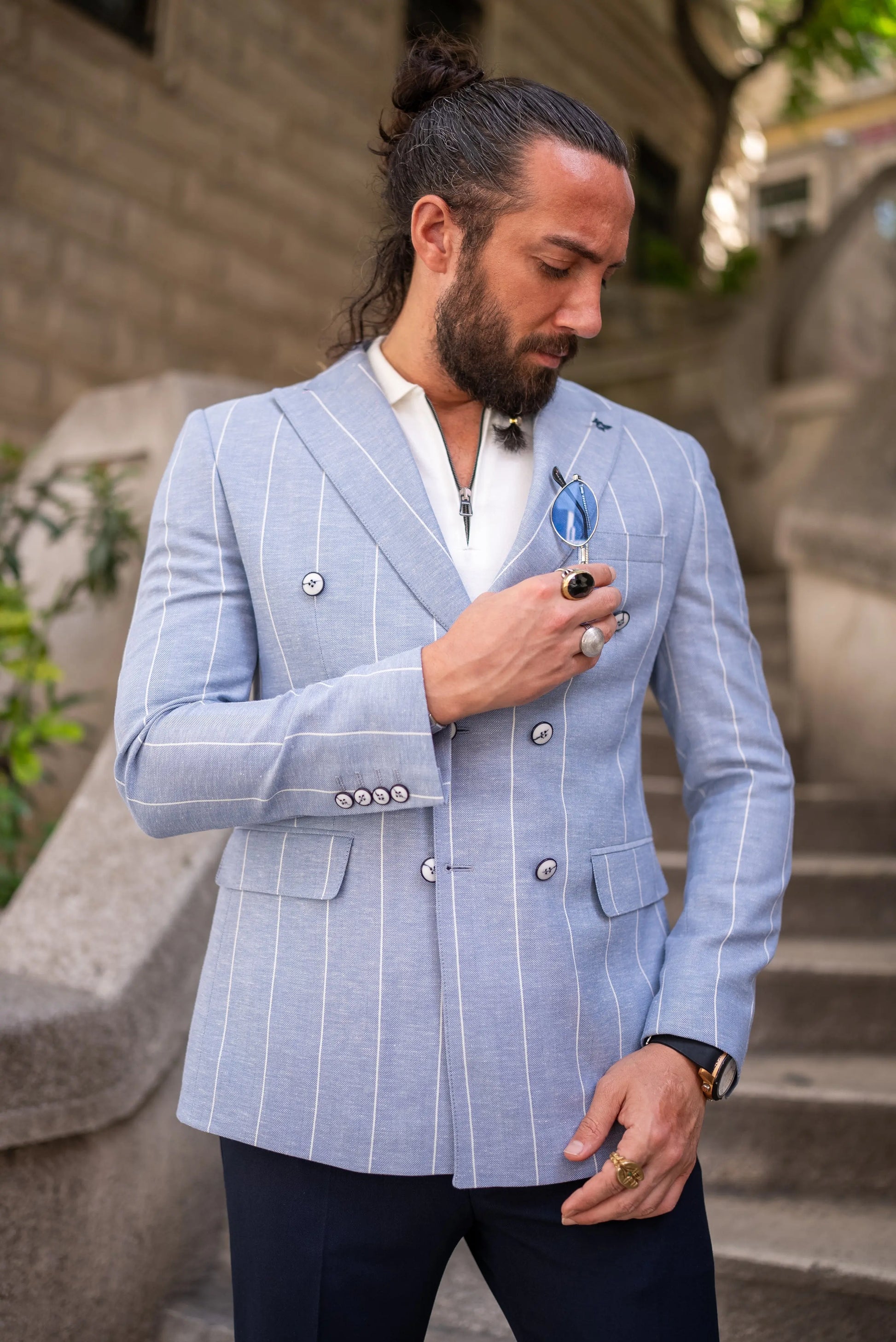 Brabion Noah Sky Blue Slim Fit Double Breasted Striped Blazer - BRABION