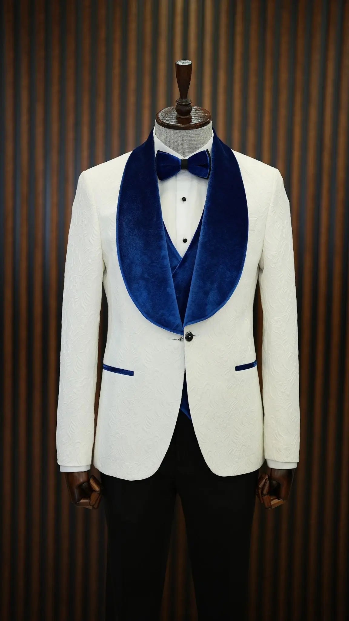 Fiore White Blue Slim Fit Velvet Shawl Lapel Tuxedo - BRABION