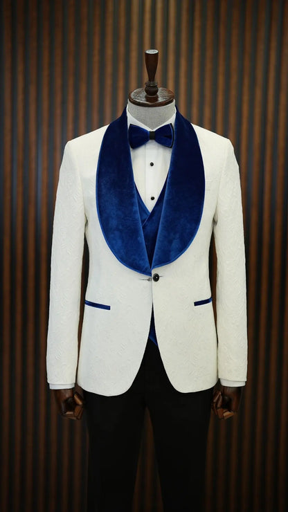 Fiore White Blue Slim Fit Velvet Shawl Lapel Tuxedo - BRABION