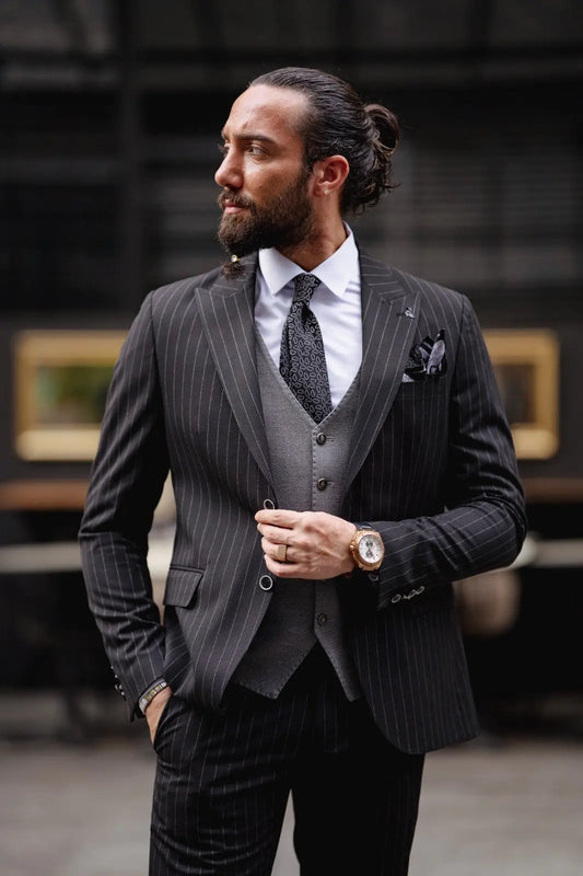 Paris Black Slim Fit Pinstripe Combination Suit brabion