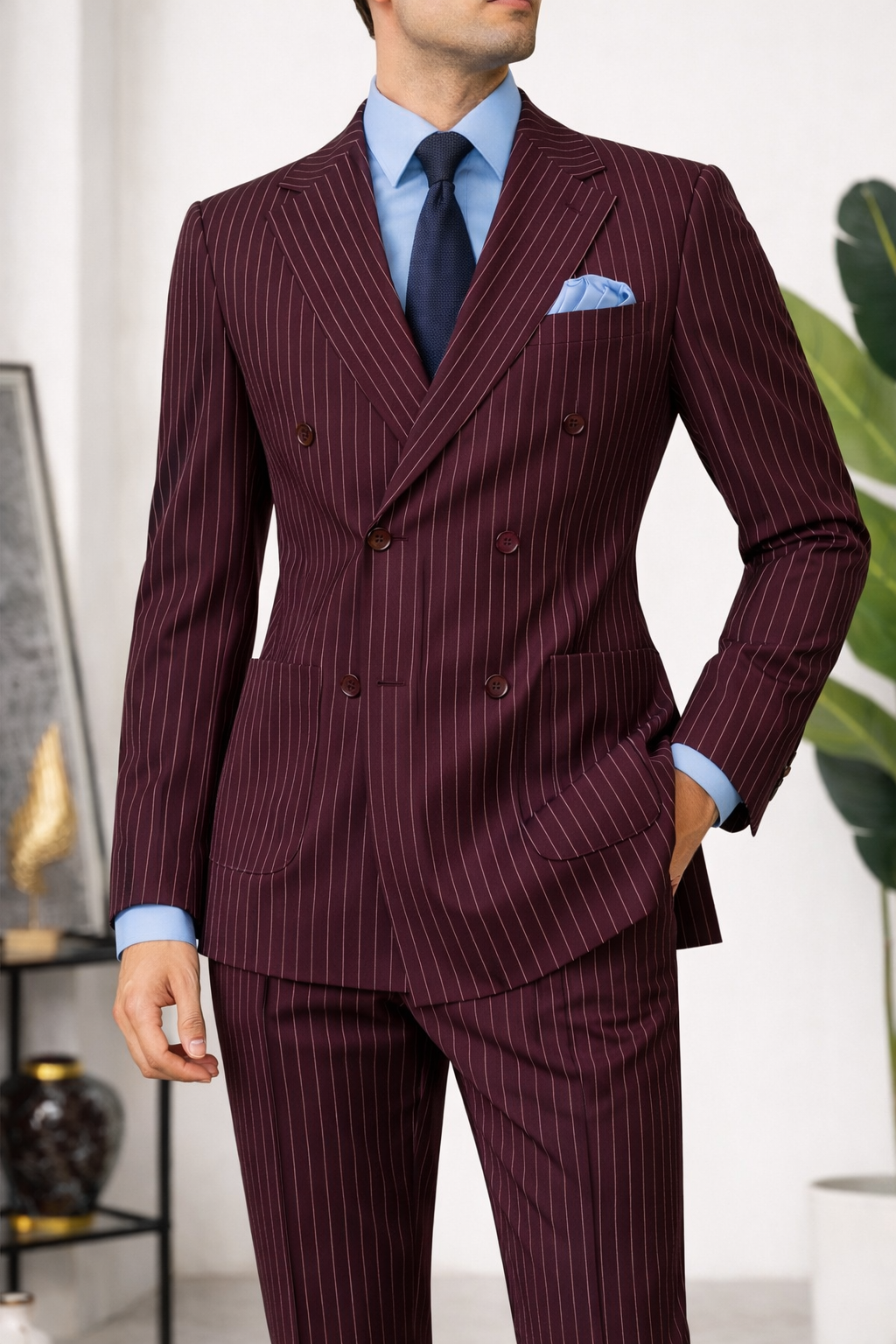 Bordeaux Striped Double Breasted Suit 2-Piece - BRABION