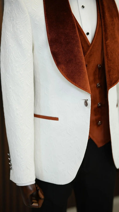 Fiore White Brown Slim Fit Velvet Shawl Lapel Tuxedo - BRABION