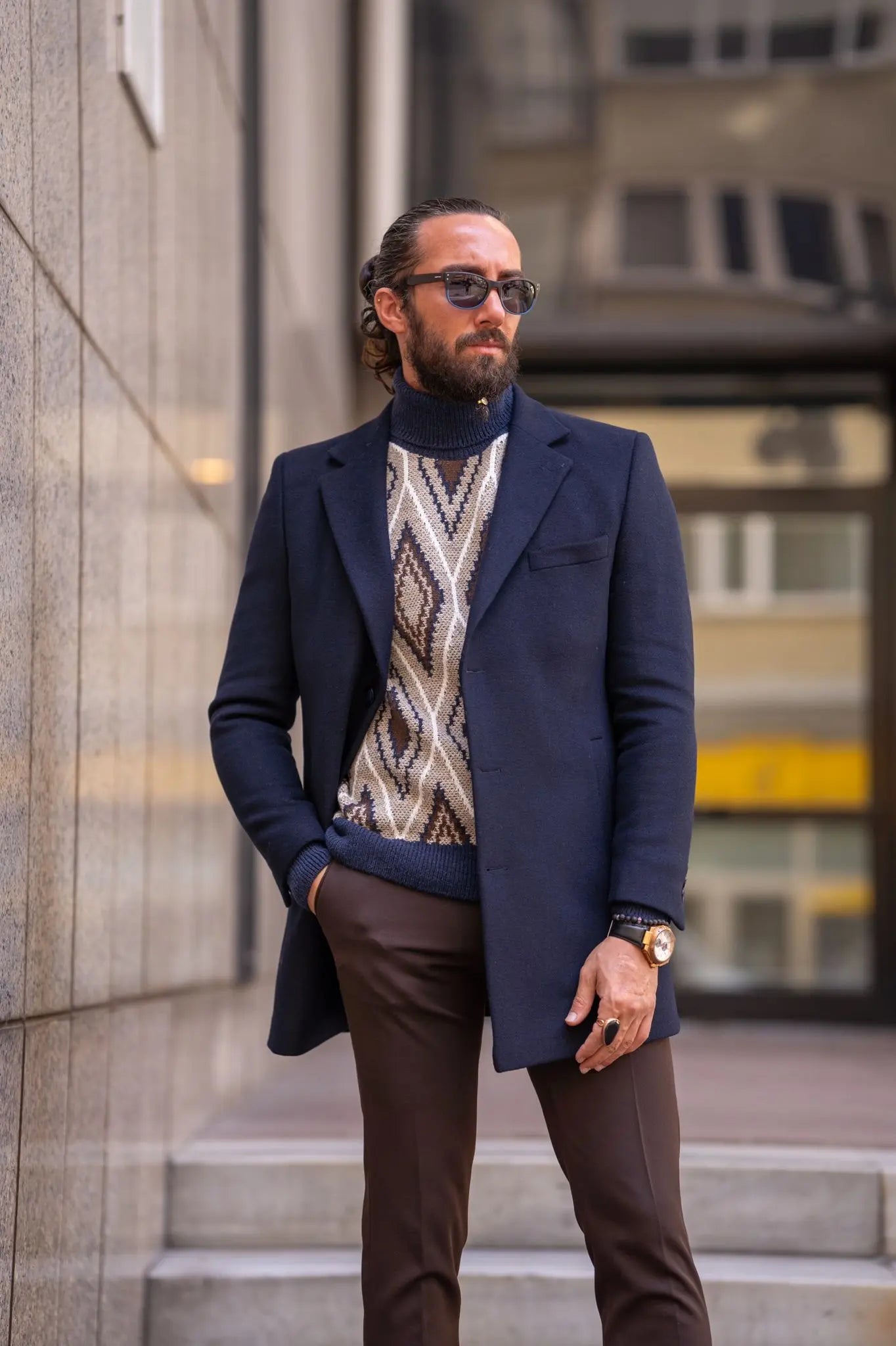 Brabion Navy Blue Slim Fit Single Breasted Long Coat - A Versatile Essential for Any Occasion - BRABION