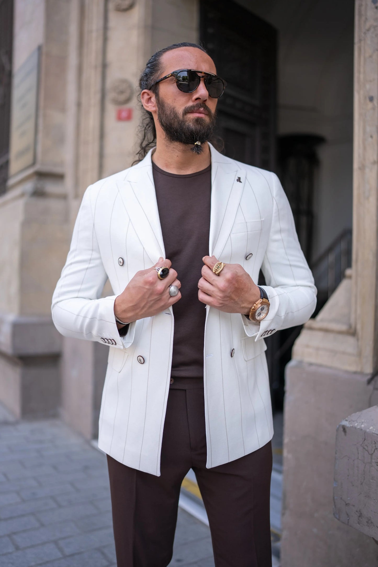 Brabion Noah White Slim Fit Double Breasted Striped Blazer - BRABION