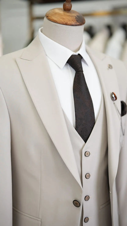 Paul Beige Slim Fit 3 Piece Peak Lapel Suit brabion
