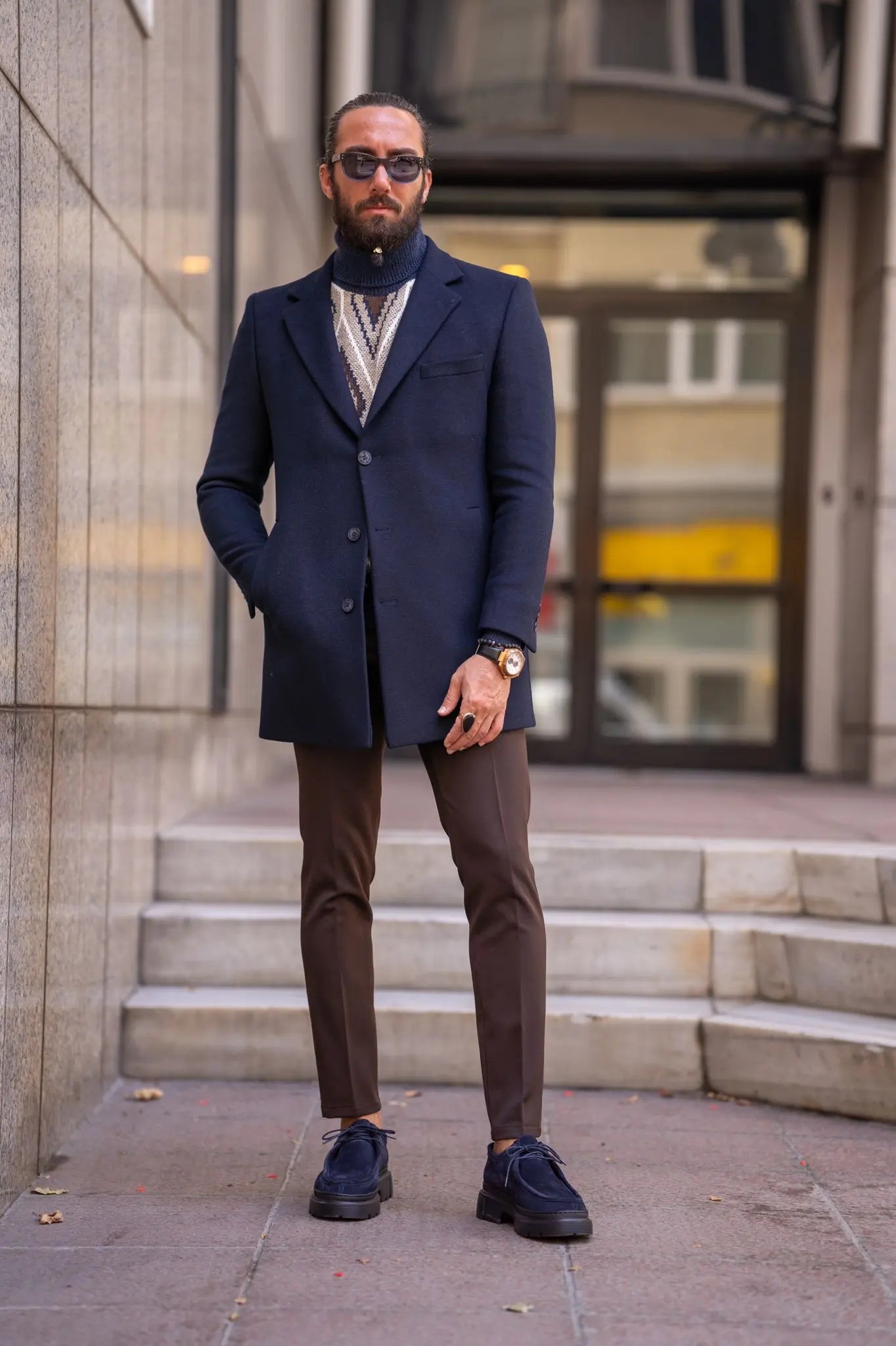 Brabion Navy Blue Slim Fit Single Breasted Long Coat - A Versatile Essential for Any Occasion - BRABION