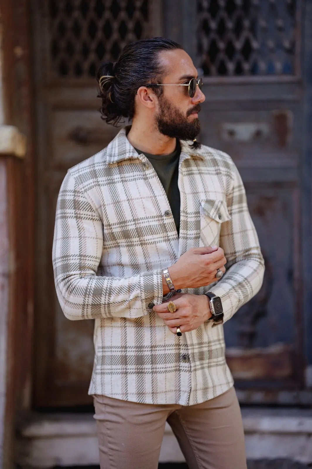 Brabion Paris Beige Green Slim Fit Plaid Shirt - BRABION