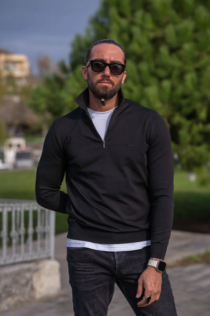 Paul Black Slim Fit Zipper Polo Sweater - Elevate Your Style - BRABION