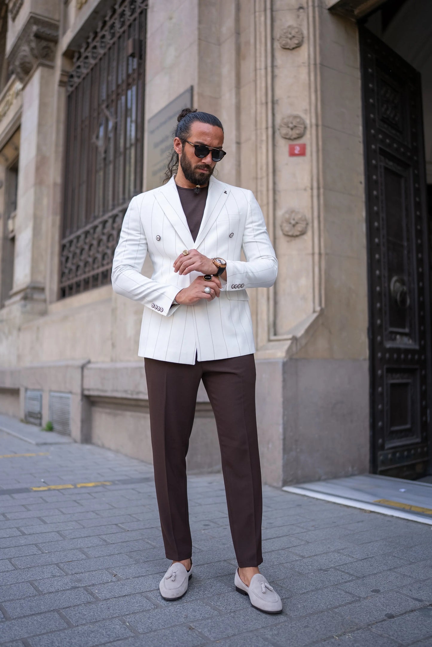 Brabion Noah White Slim Fit Double Breasted Striped Blazer - BRABION