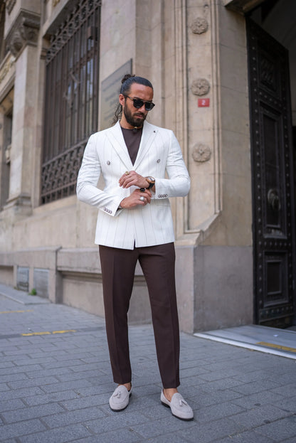 Brabion Noah White Slim Fit Double Breasted Striped Blazer - BRABION