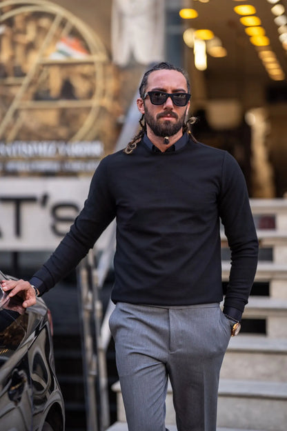 Paul Black Slim Fit Round Neck Sweater - BRABION