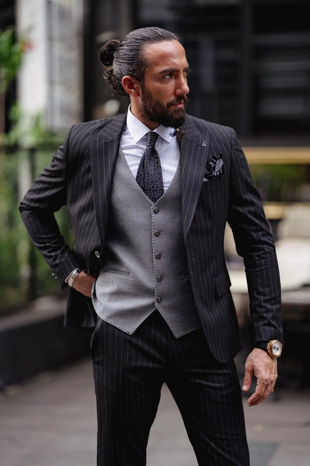 Paris Black Slim Fit Pinstripe Combination Suit brabion
