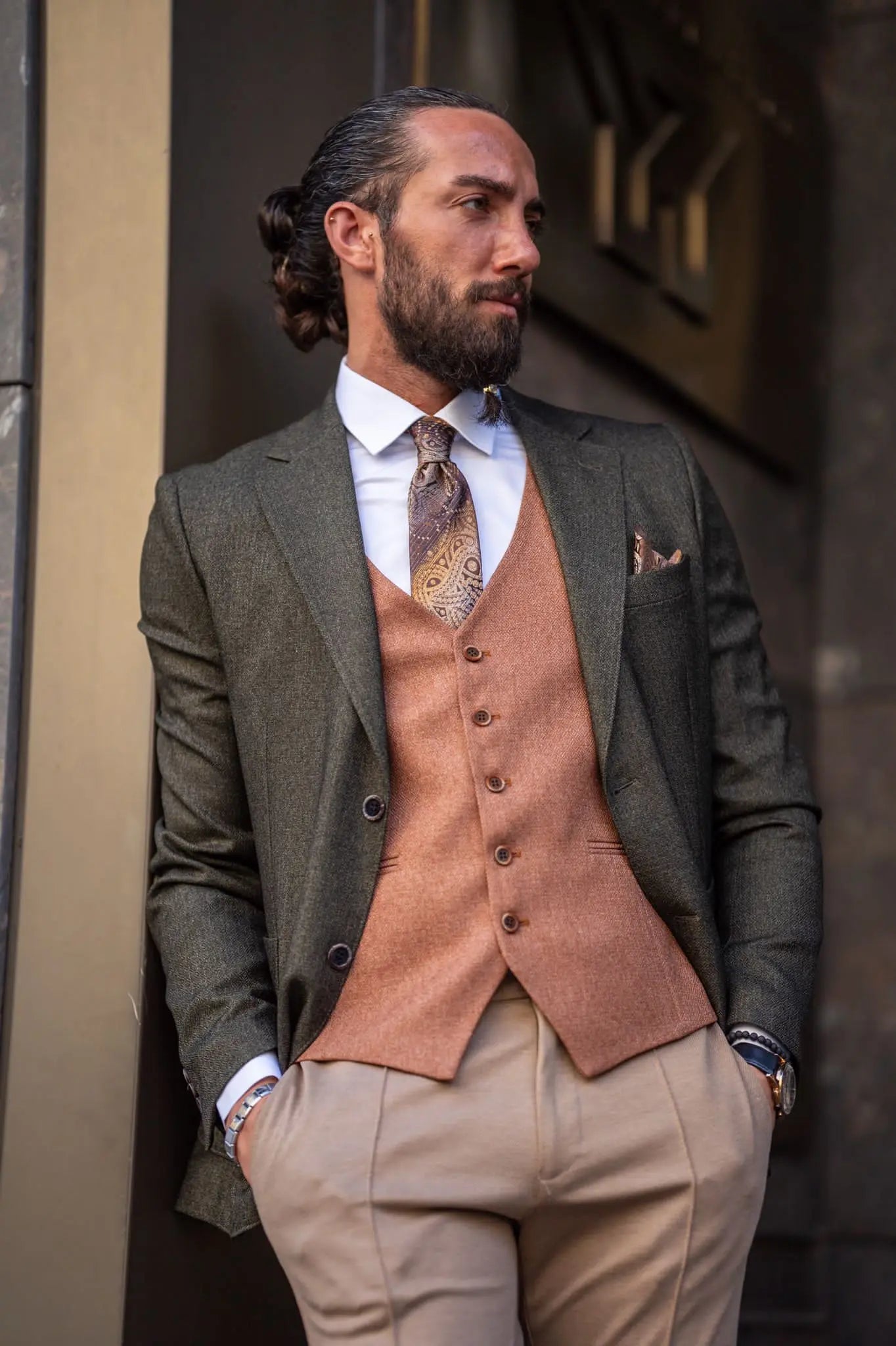 Ardean Khaki Slim Fit Notch Lapel 3 Piece Combination Suit brabion