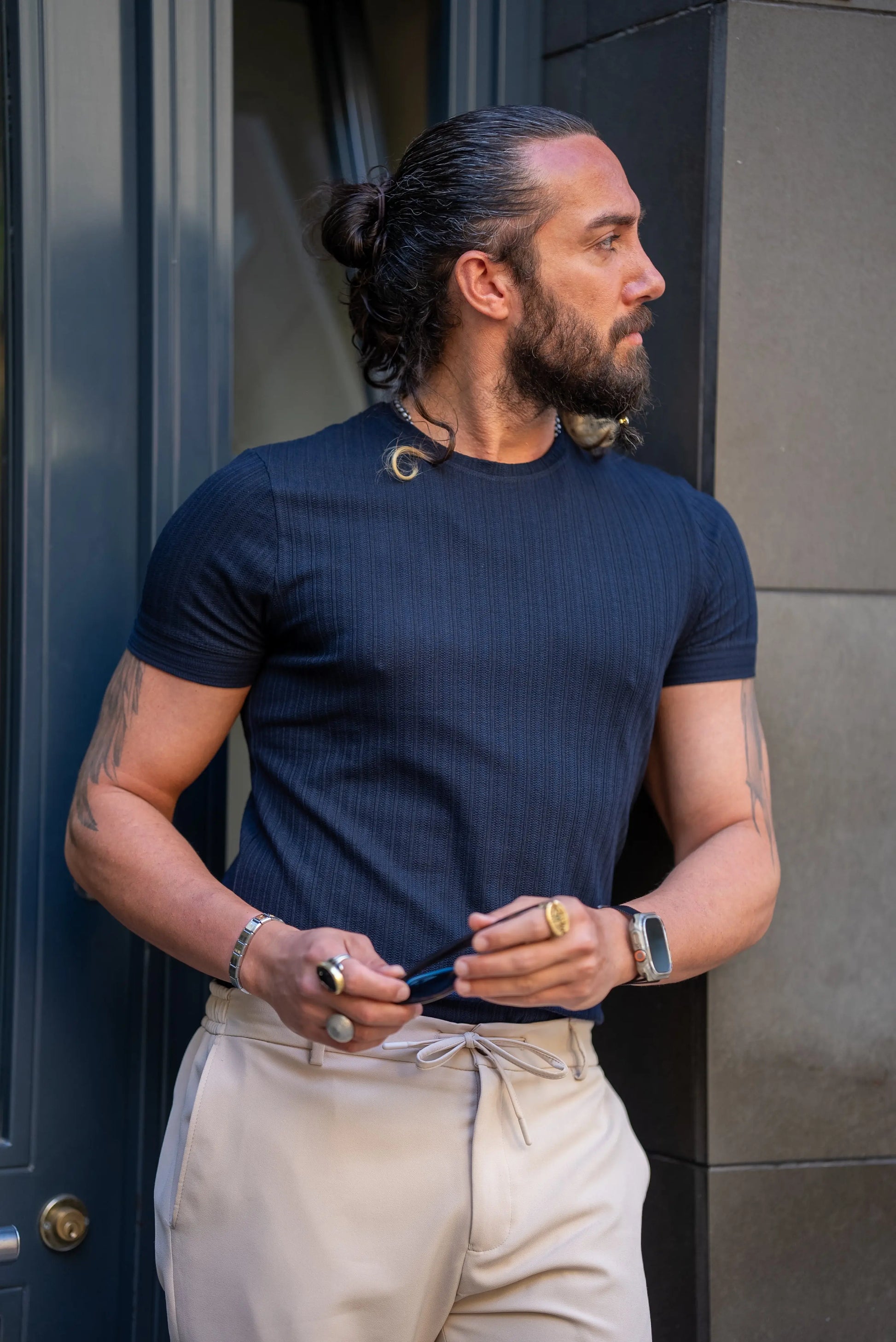 Brabion Alonso Navy Blue Slim Fit Crew Neck Striped T-Shirt - BRABION
