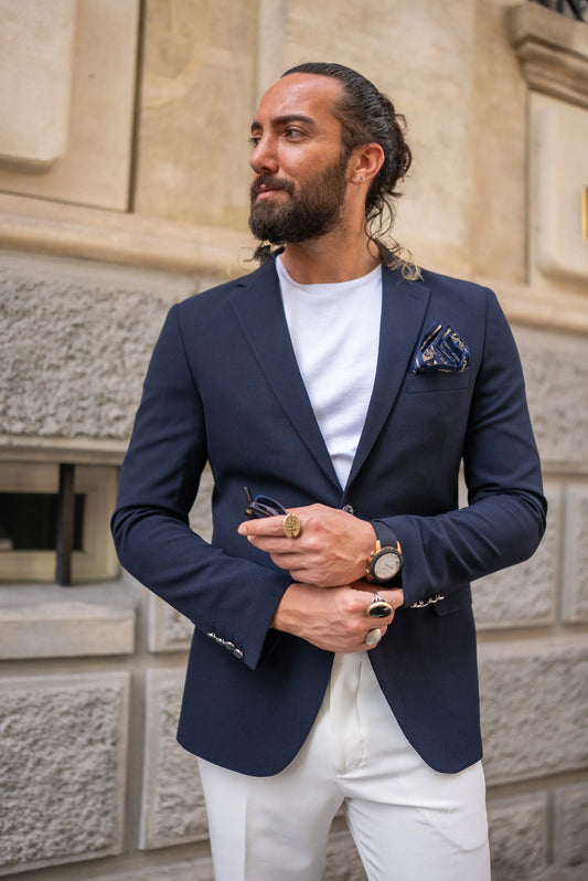 Brabion Massimo Navy Blue Slim Fit Notch Lapel Blazer - BRABION