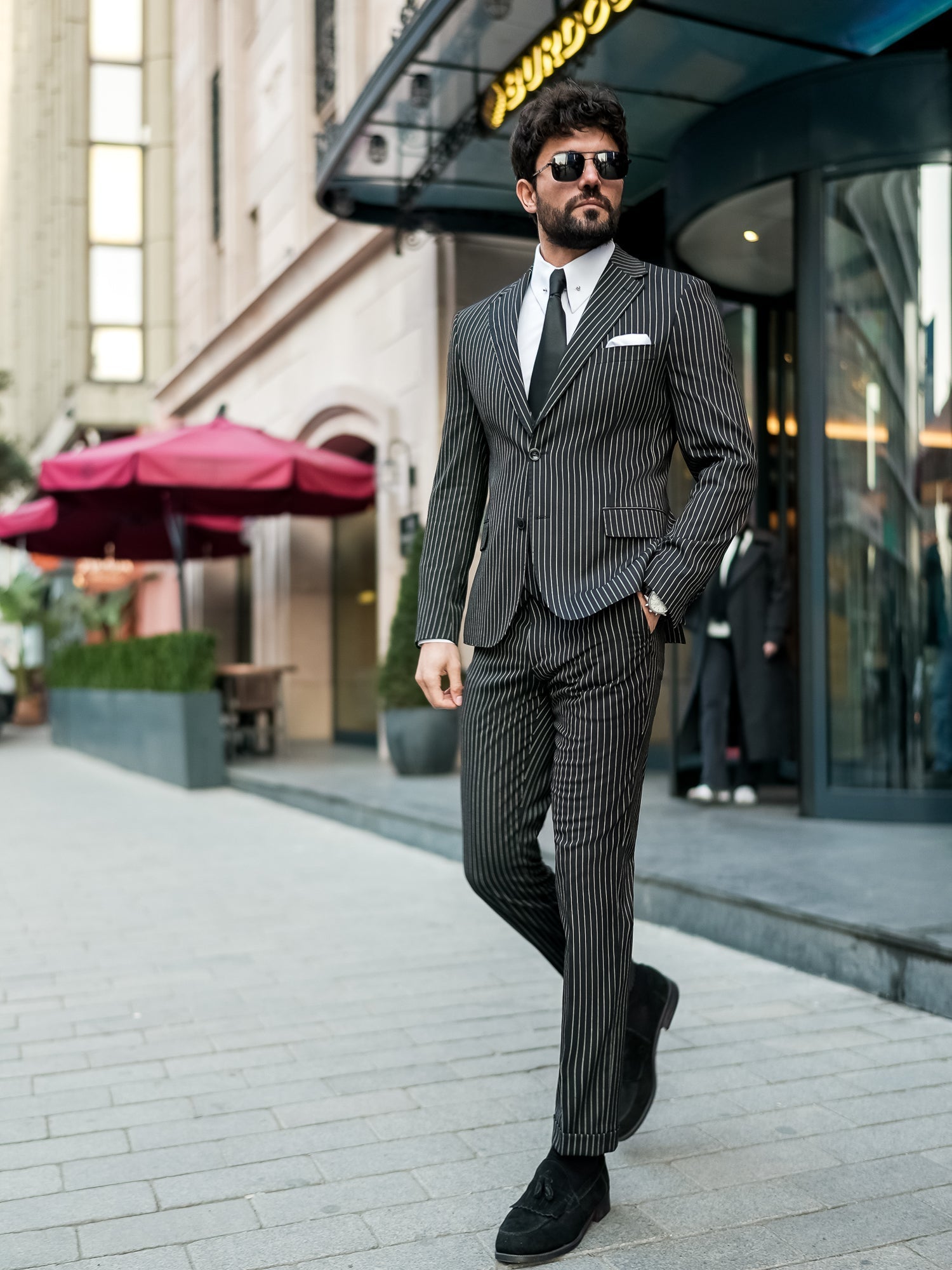 Black Striped Slim-Fit Suit 3-Piece VIOSSI