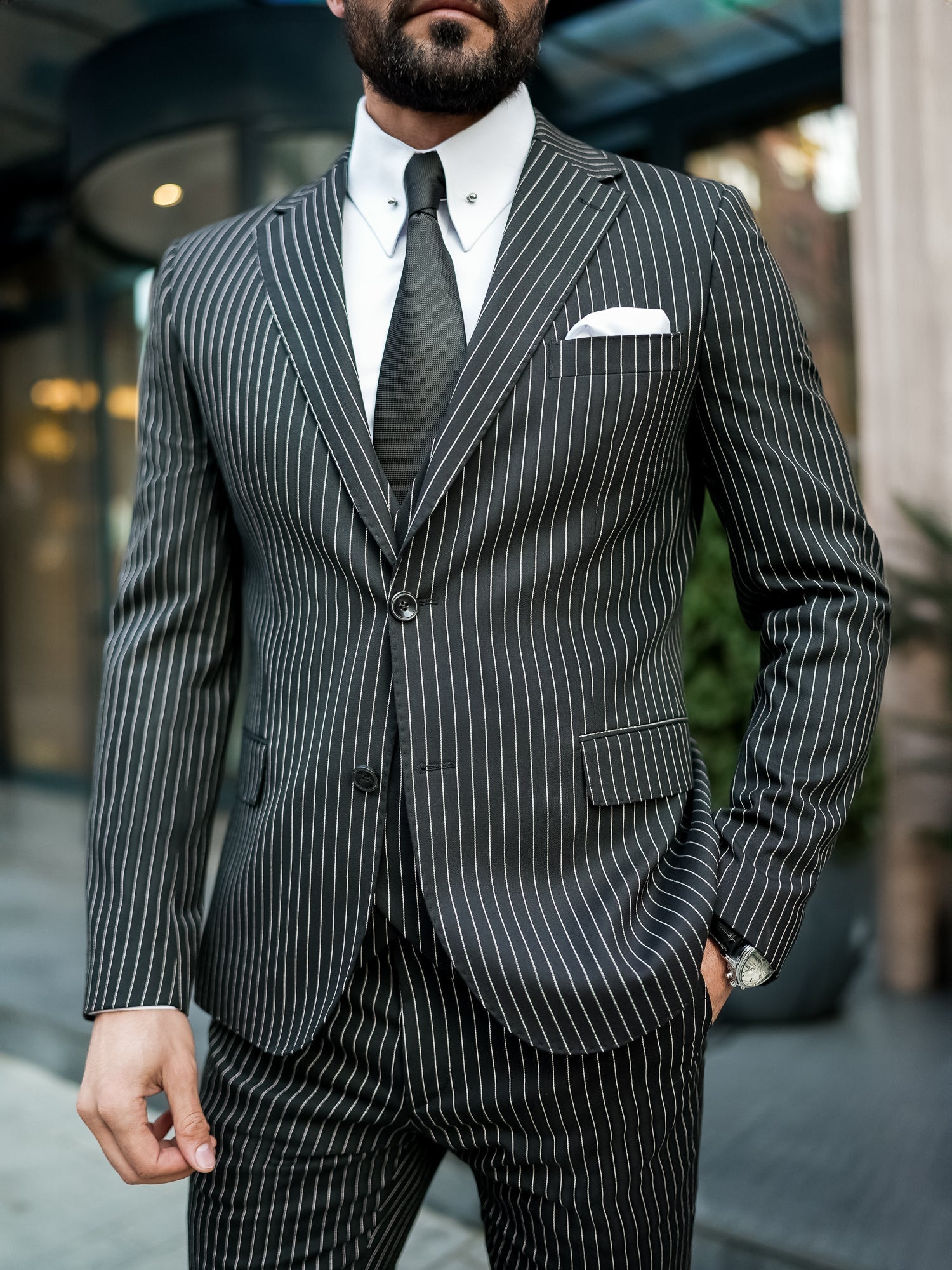 Black Striped Slim-Fit Suit 3-Piece VIOSSI