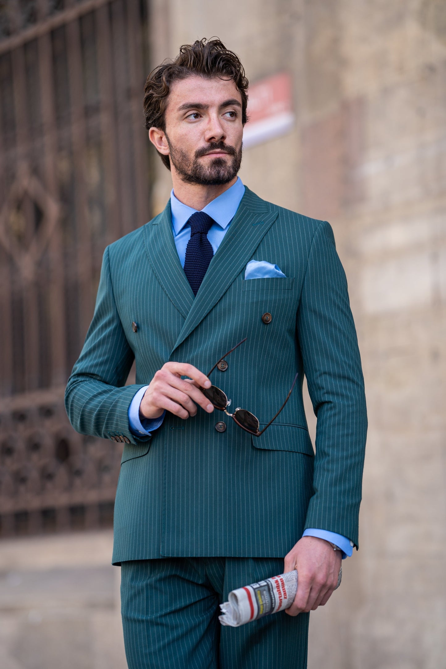 Green Striped Double Breasted Suit 2-Piece VIOSSI