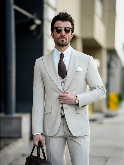 Beige Striped Slim-Fit Suit 3-Piece VIOSSI
