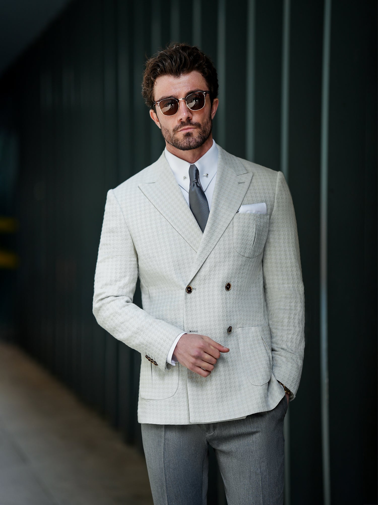 Light Grey Houndstooth Double Breasted Blazer - BRABION