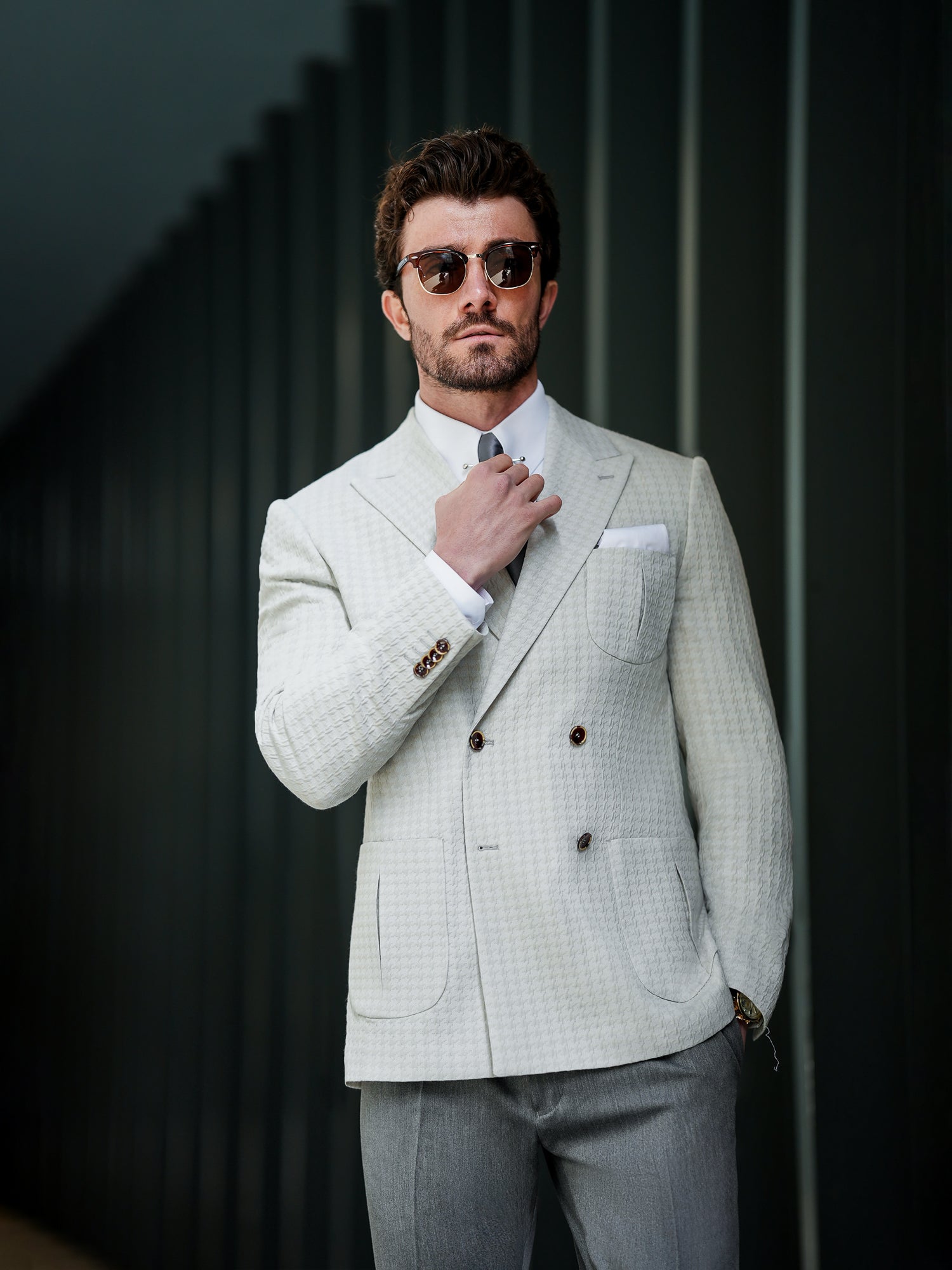 Light Grey Houndstooth Double Breasted Blazer - BRABION