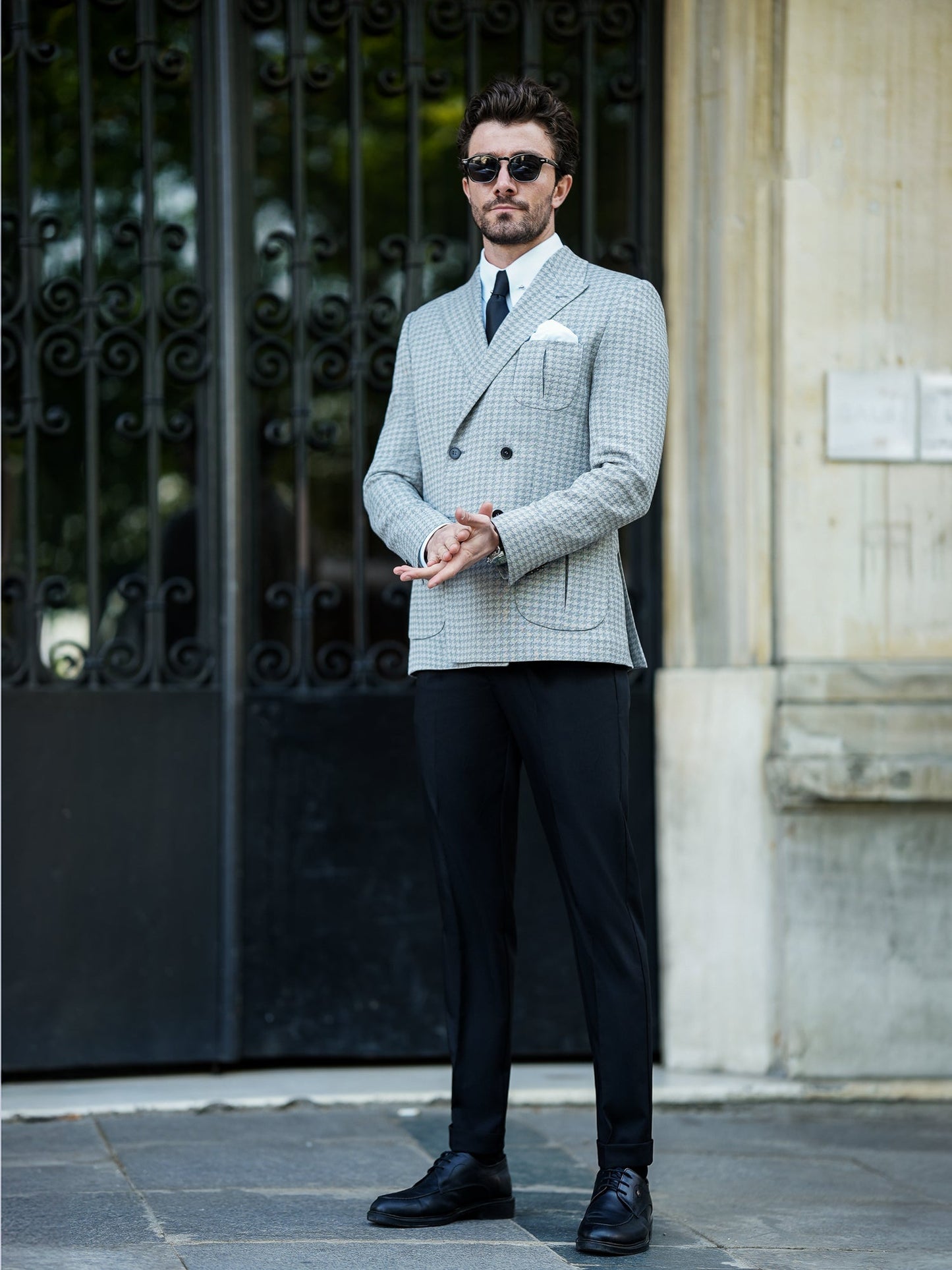 Grey Houndstooth Double Breasted Blazer - BRABION