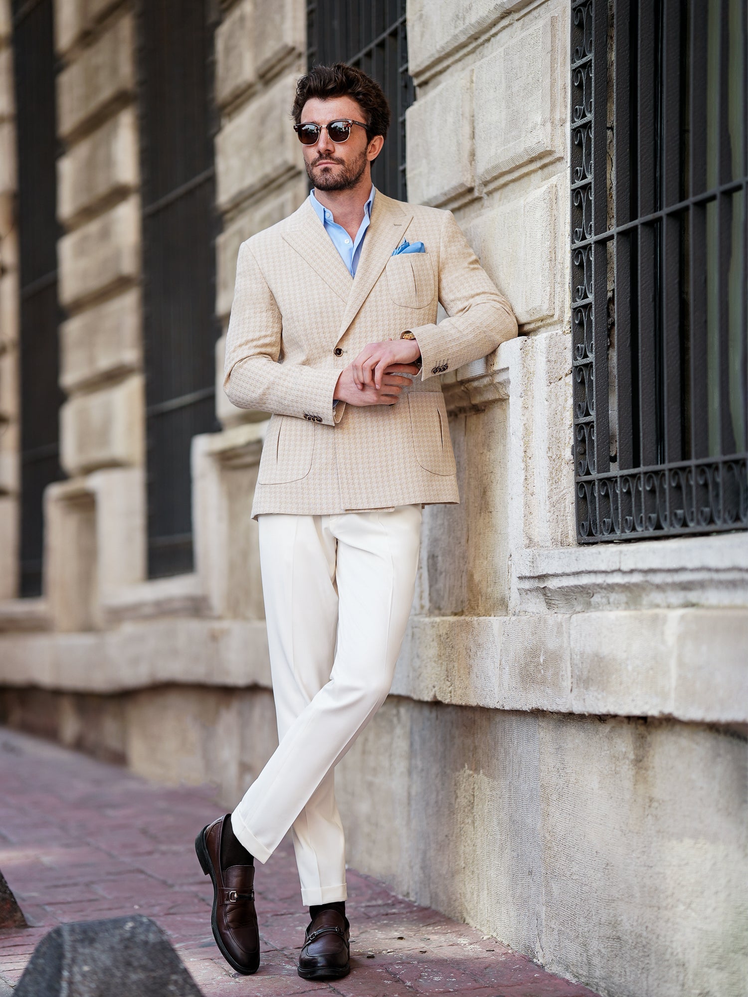 Beige Houndstooth Double Breasted Blazer - BRABION