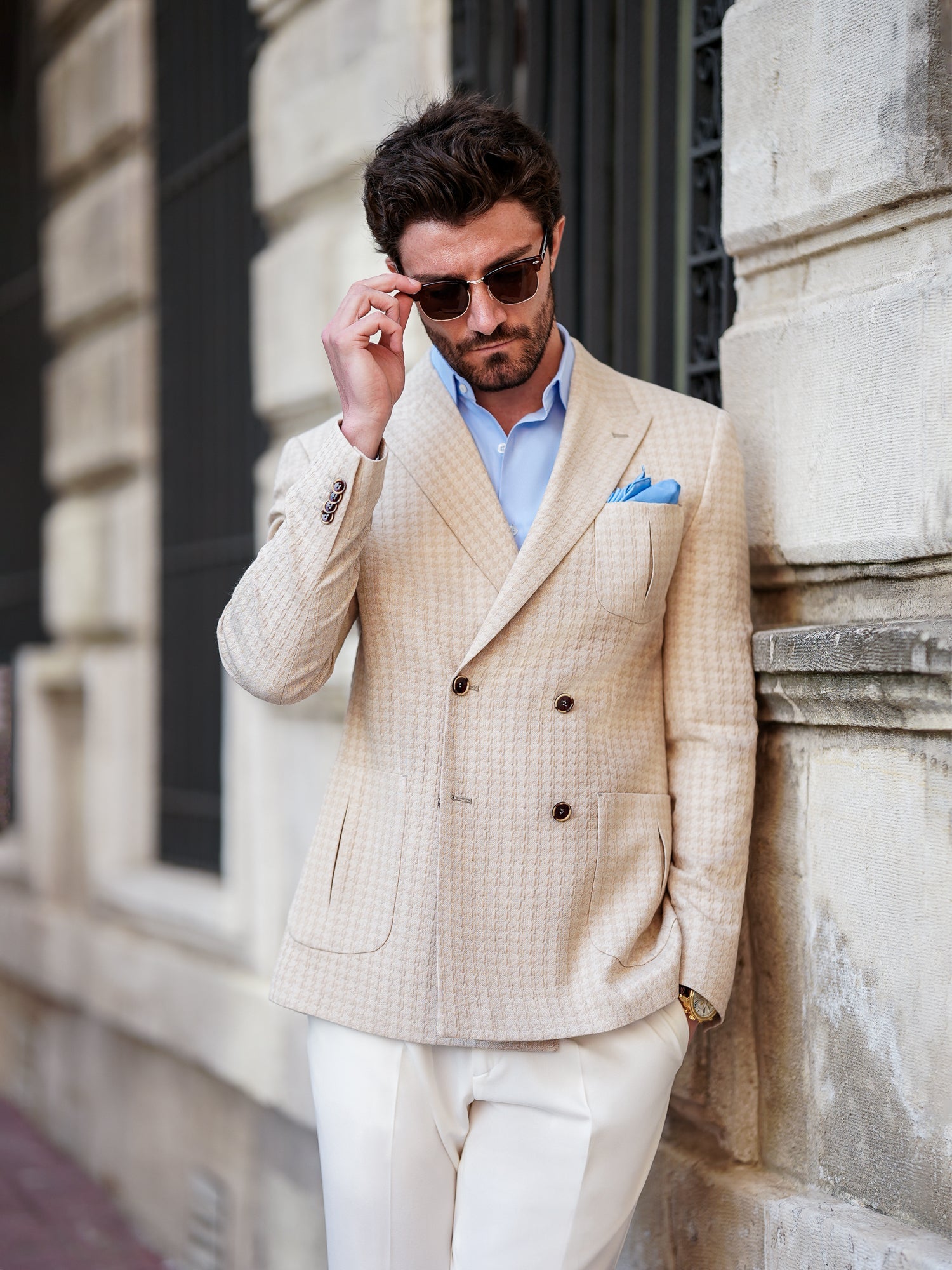 Beige Houndstooth Double Breasted Blazer - BRABION
