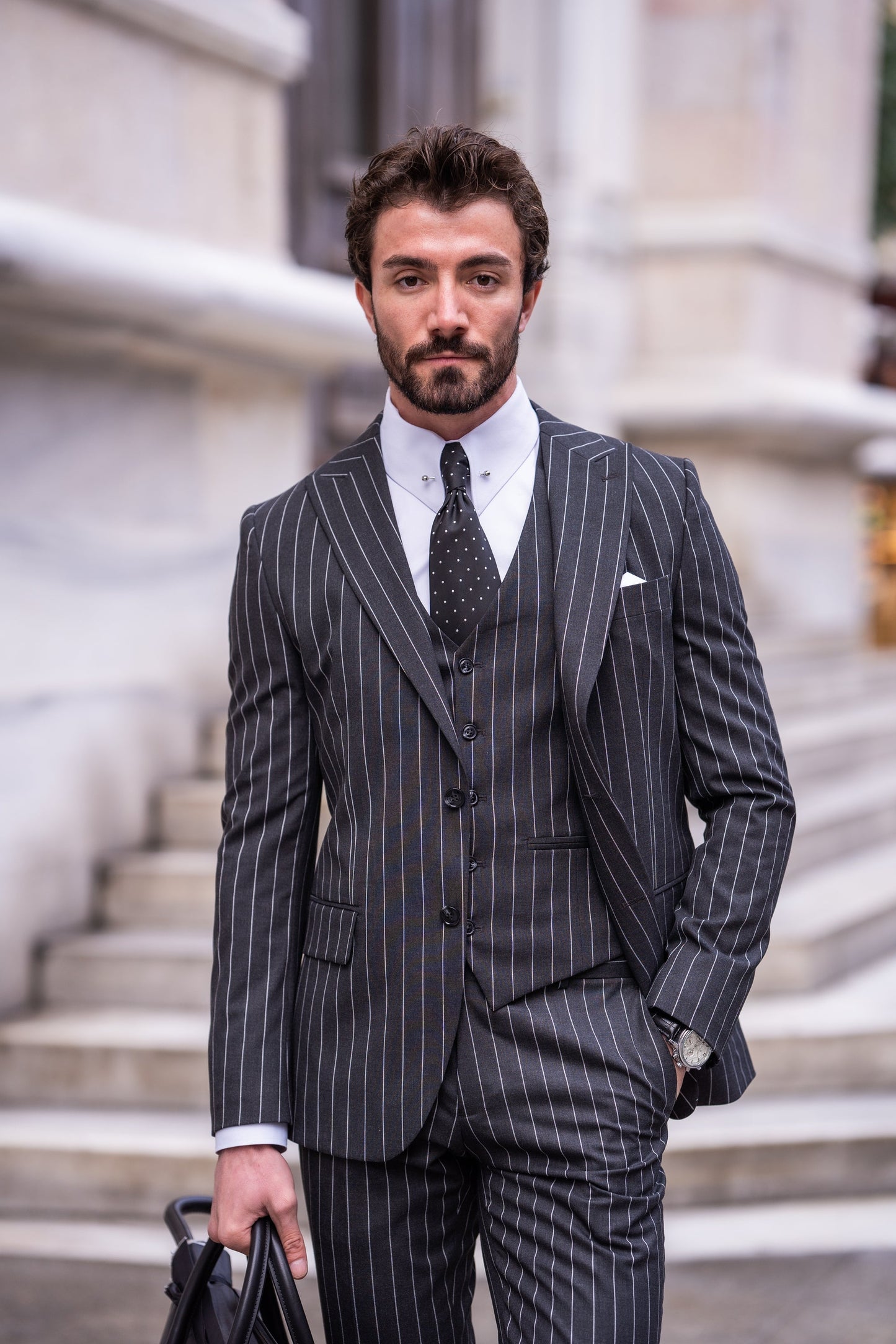 Black Striped Slim-Fit Suit 3-Piece VIOSSI
