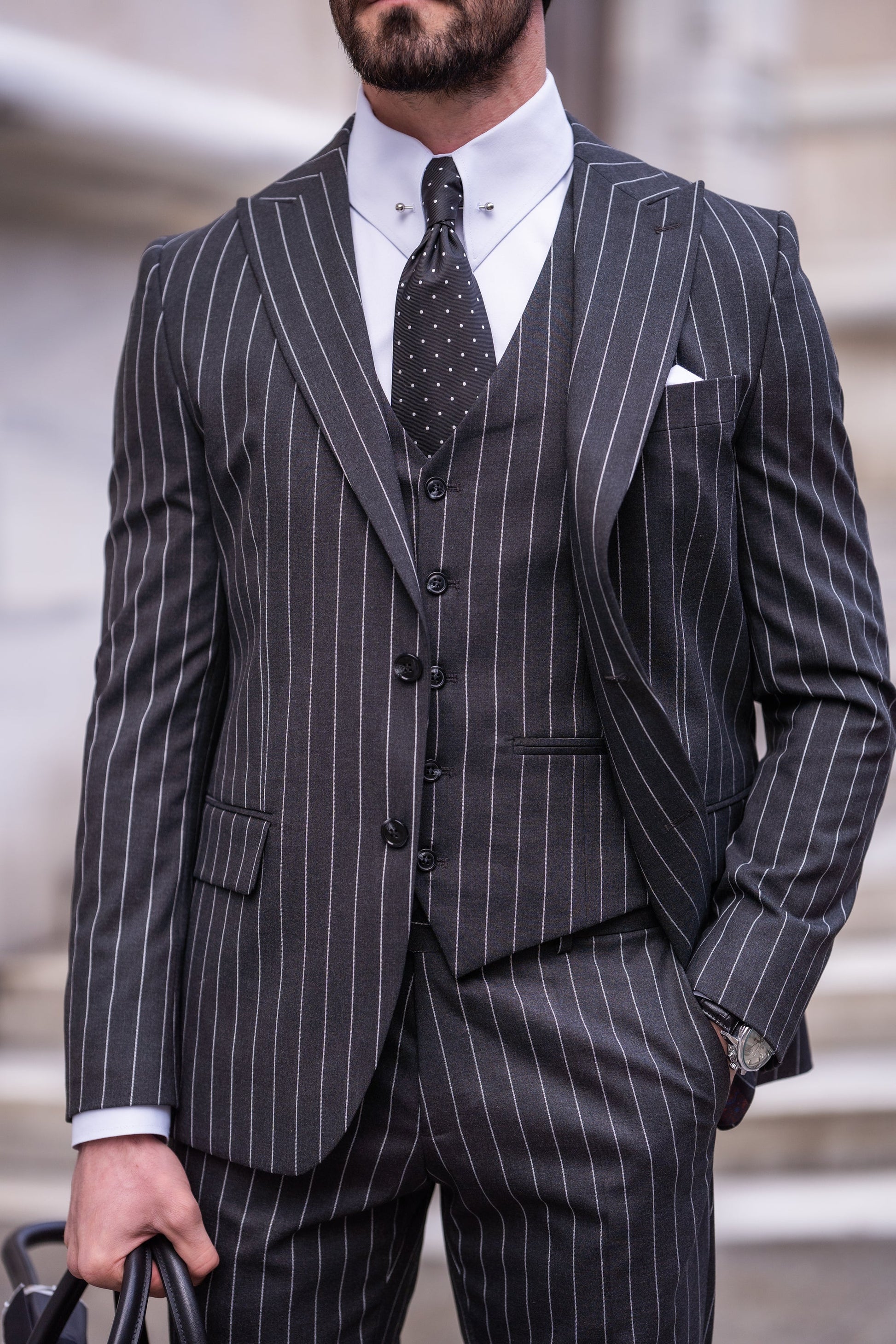 Black Striped Slim-Fit Suit 3-Piece VIOSSI