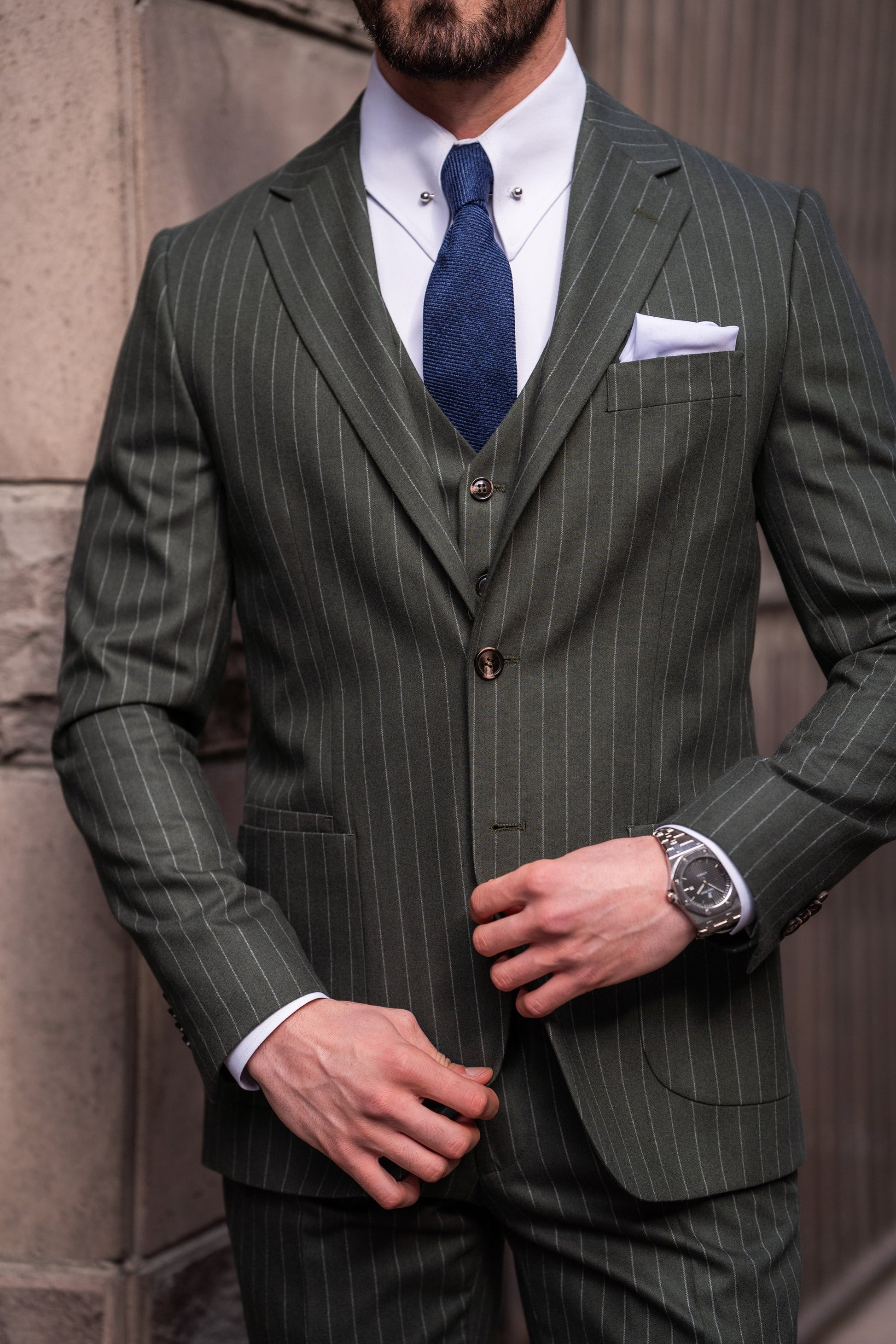 Khaki Striped Slim-Fit Suit 3-Piece VIOSSI