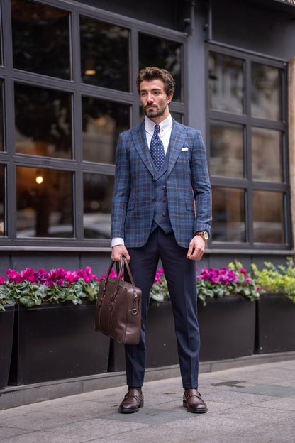 Navy Plaid Slim-Fit Suit 3-Piece VIOSSI