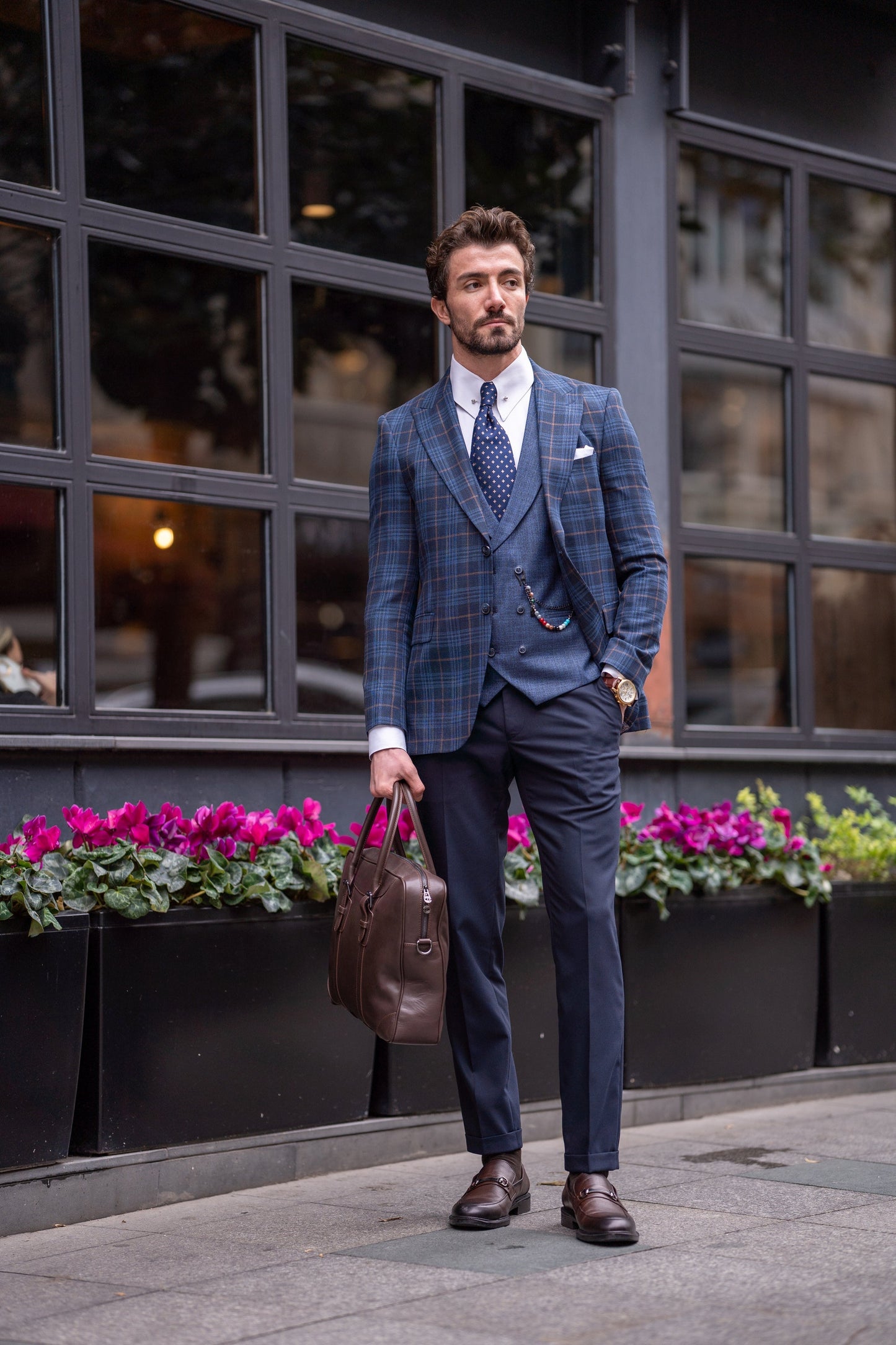 Navy Plaid Slim-Fit Suit 3-Piece VIOSSI