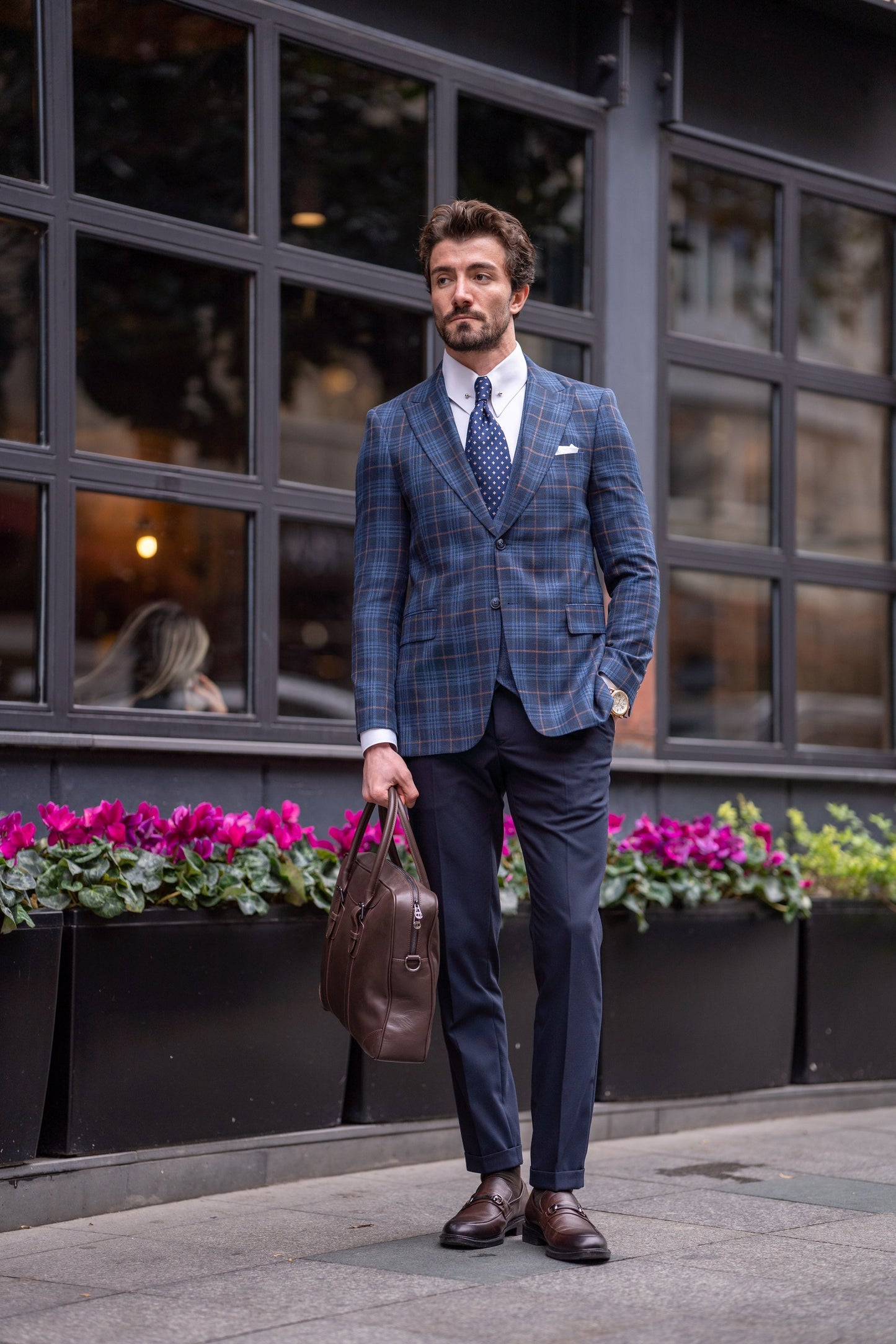 Navy Plaid Slim-Fit Suit 3-Piece VIOSSI