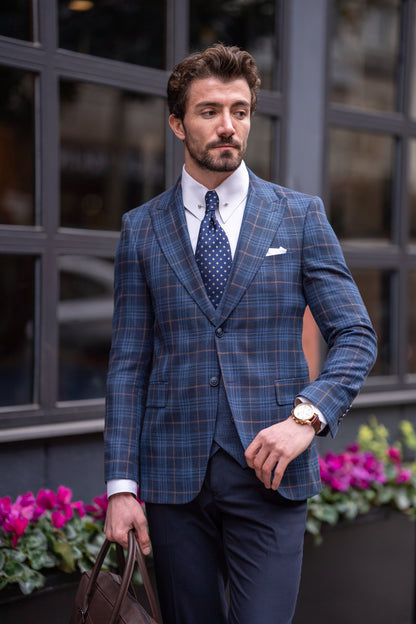 Navy Plaid Slim-Fit Suit 3-Piece VIOSSI