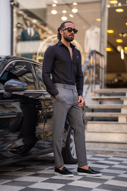 Brabion Ardean Black Slim Fit Pinstripe Cotton Shirt - BRABION