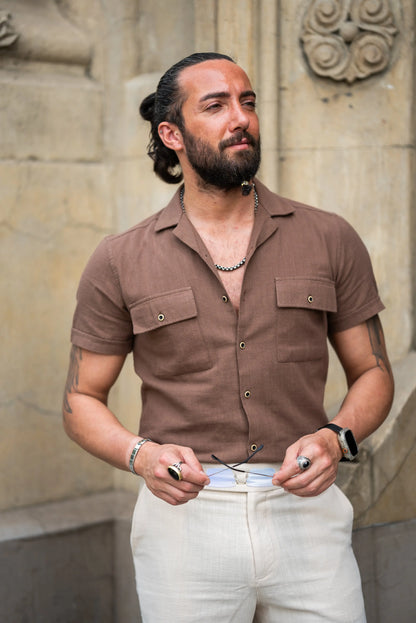 Brabion Maison Brown Slim Fit Textured Cotton Shirt - BRABION
