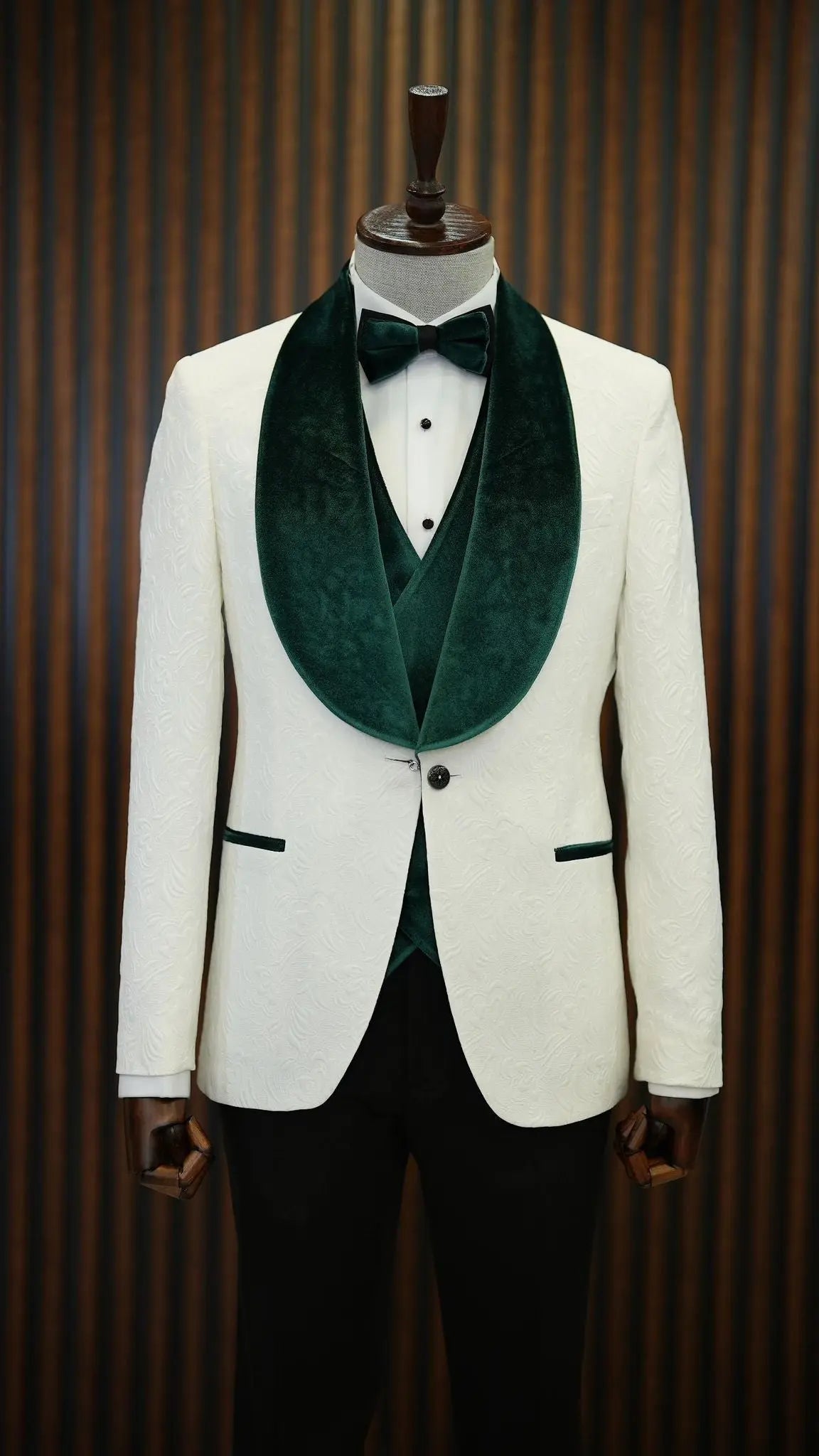 Fiore White Green Slim Fit Velvet Shawl Lapel Tuxedo for Modern Elegance - BRABION