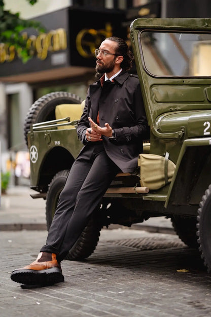 Paris Black Slim Fit Double Breasted Long Coat - BRABION
