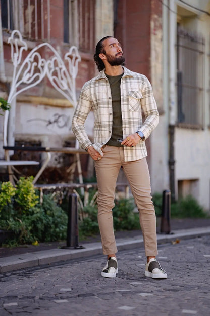 Brabion Paris Beige Green Slim Fit Plaid Shirt - BRABION
