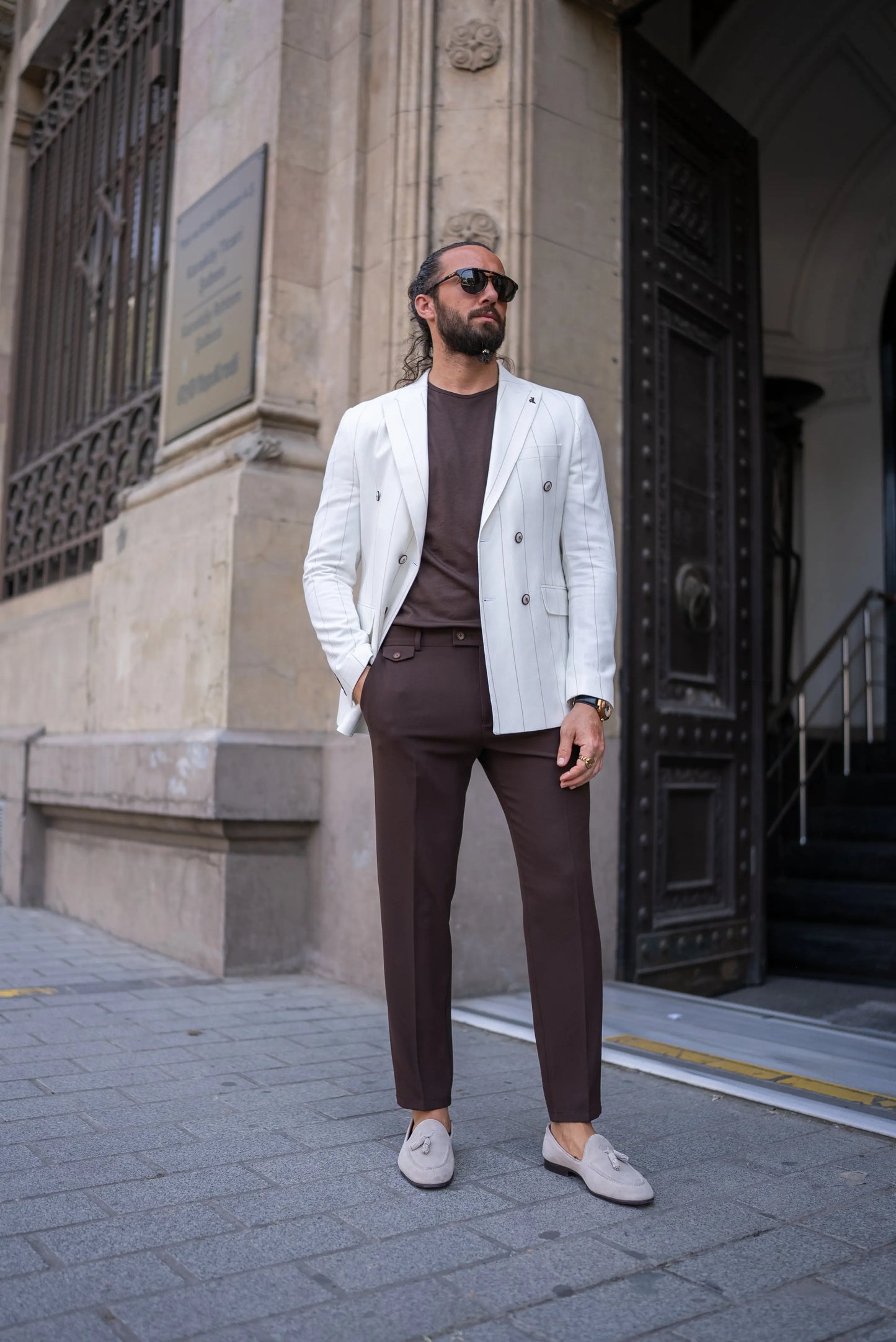 Brabion Noah White Slim Fit Double Breasted Striped Blazer - BRABION