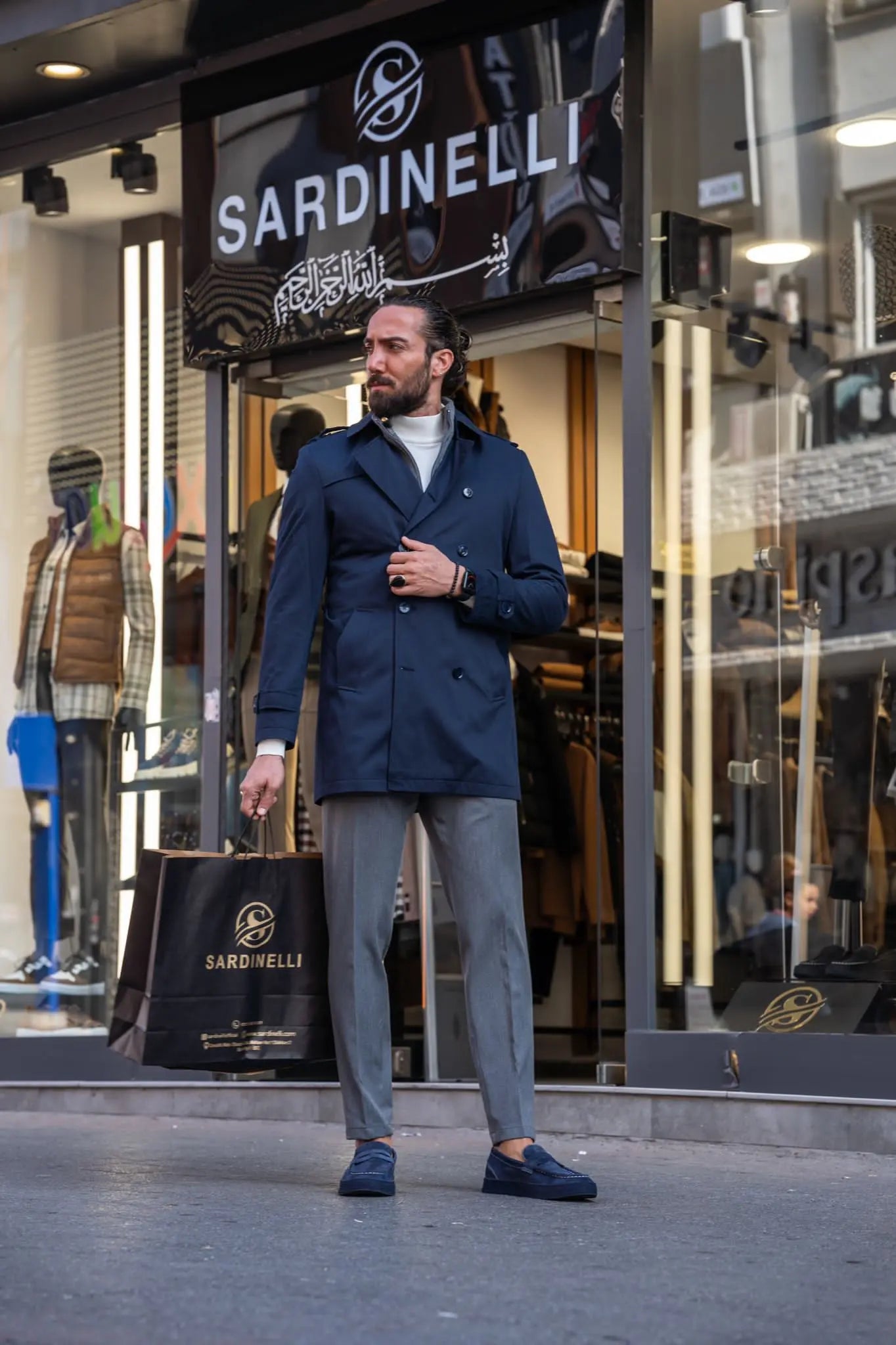 Brabion Navy Blue Slim Fit Double Breasted Long Coat - BRABION