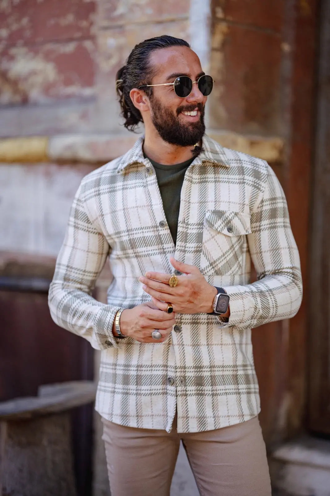 Brabion Paris Beige Green Slim Fit Plaid Shirt - BRABION