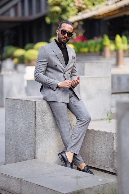 Paris Gray Slim Fit Peak Lapel Double Breasted Striped Suit brabion