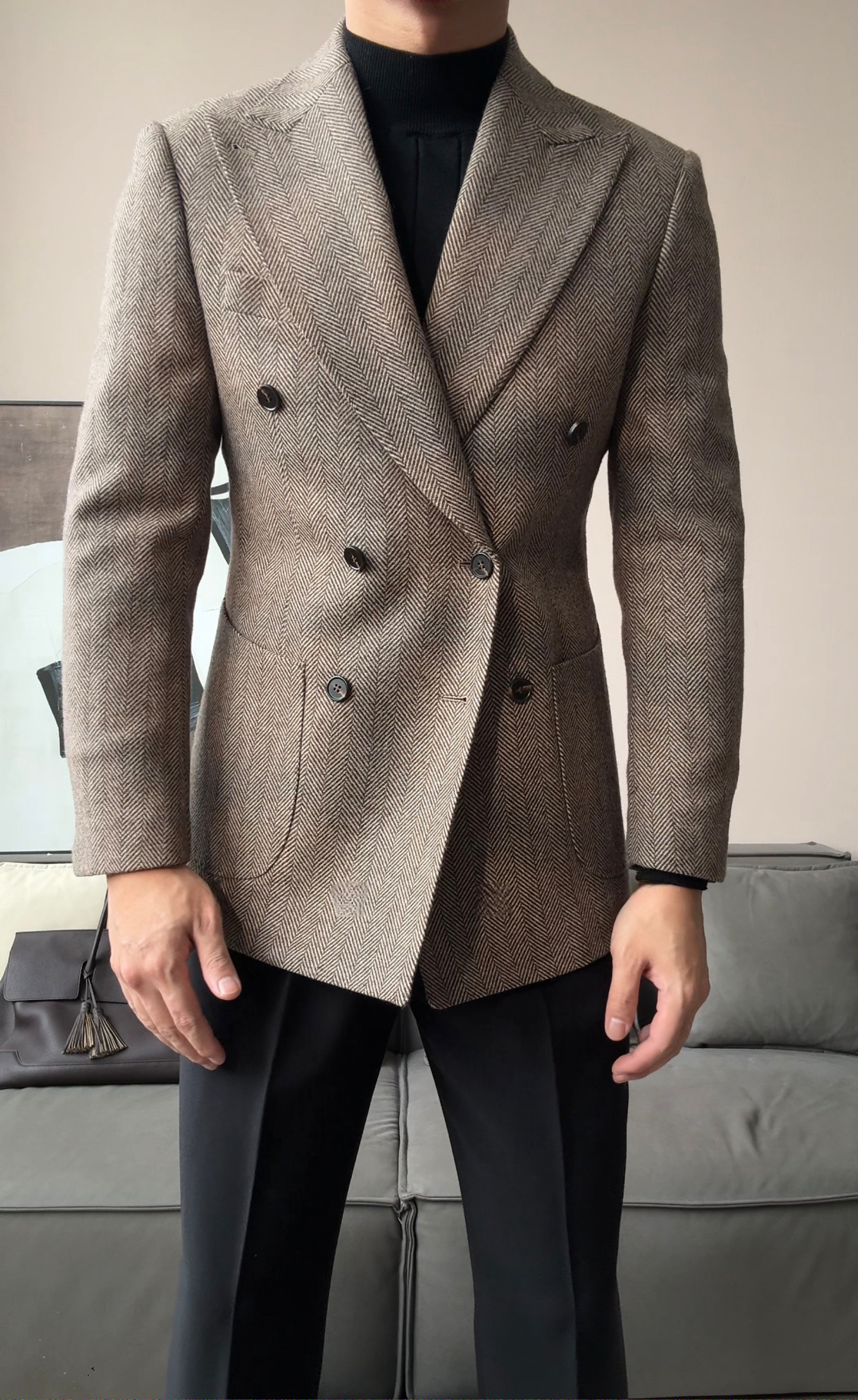 Men’s Retro Herringbone Double-Breasted Blazer - BRABION