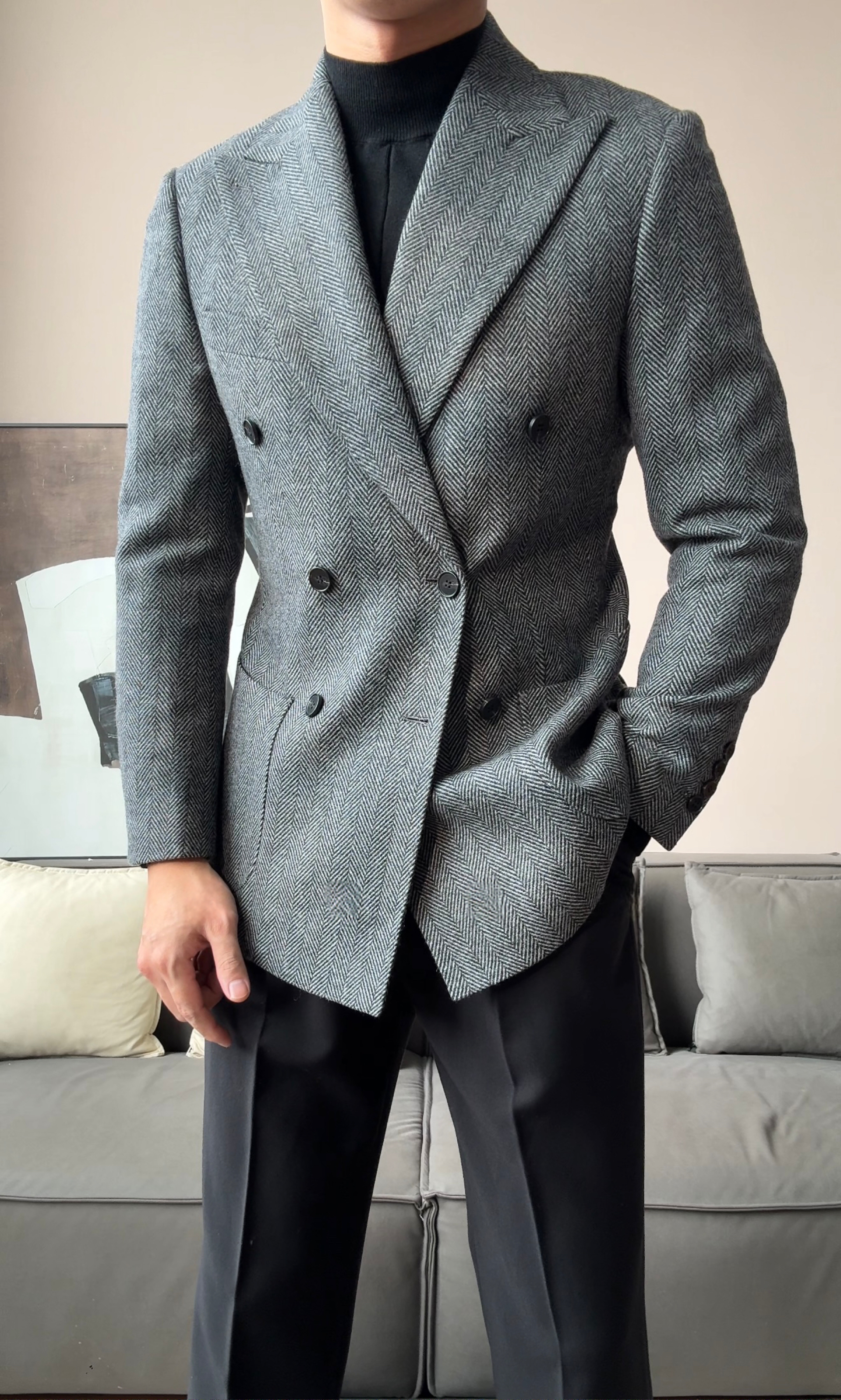 Men’s Retro Herringbone Double-Breasted Blazer - BRABION